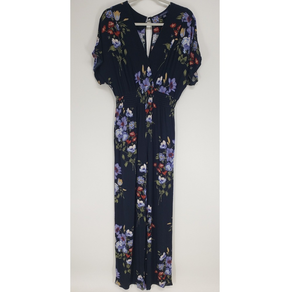 American Eagle Floral Wide Leg Jumpsuit Women Size S Navy Blue Smocked Waist